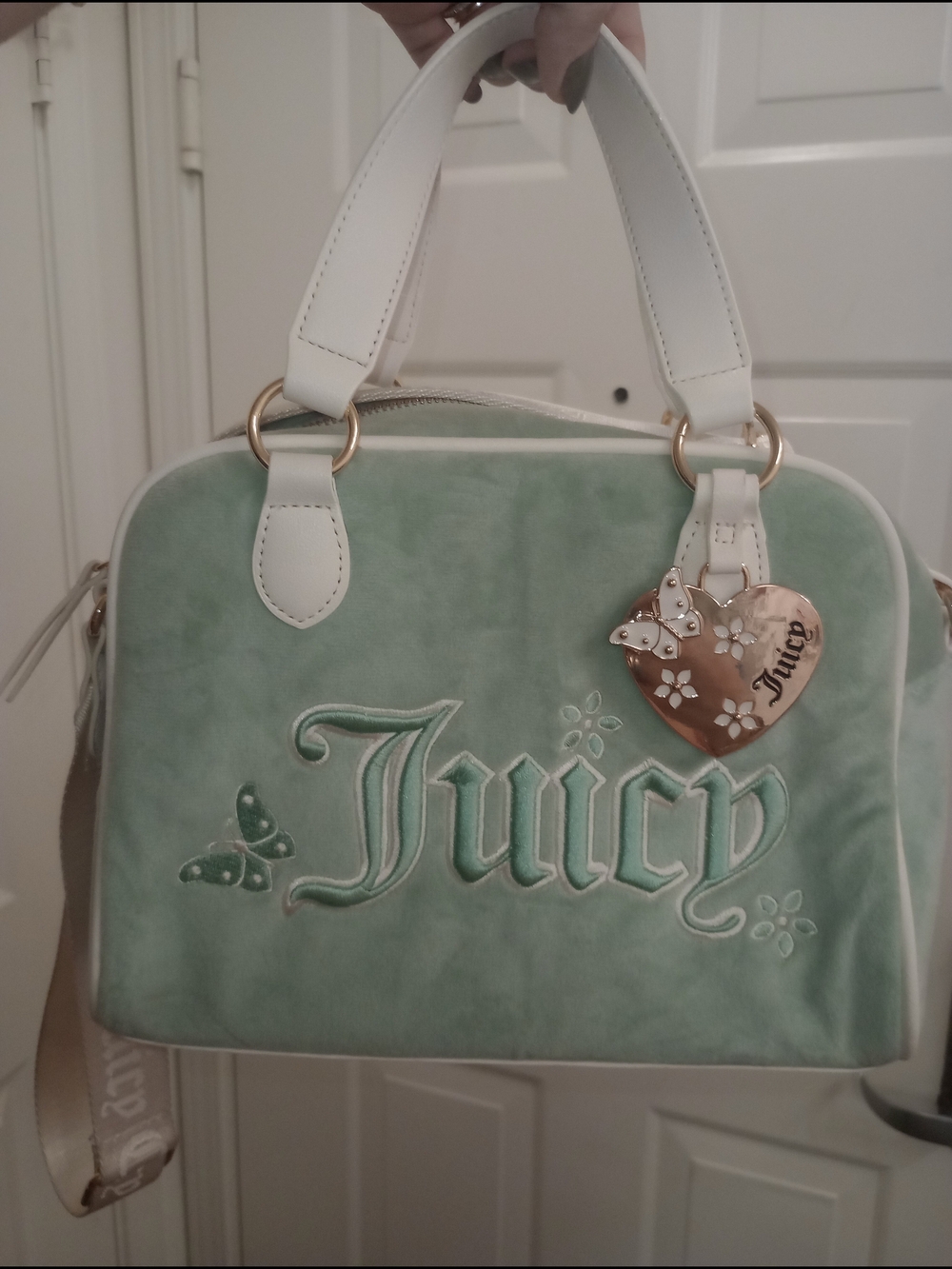 Juicy Couture Mint Green Velvet Satchel with White Handles